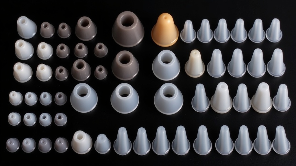 다양한 크기와 소재의 이어팁이 나열되어 있으며 물리적 차음의 중요성을 시각적으로 보여주는 장면