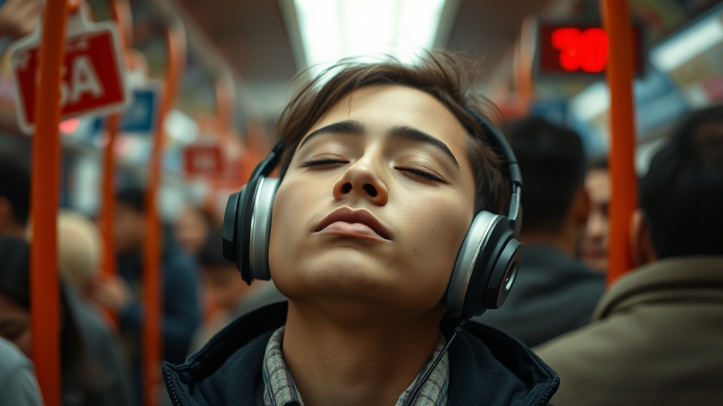 복잡하고 시끄러운 대중교통 안에서 노이즈캔슬링 헤드폰을 착용하고 평온하게 눈을 감고 있는 사람의 모습