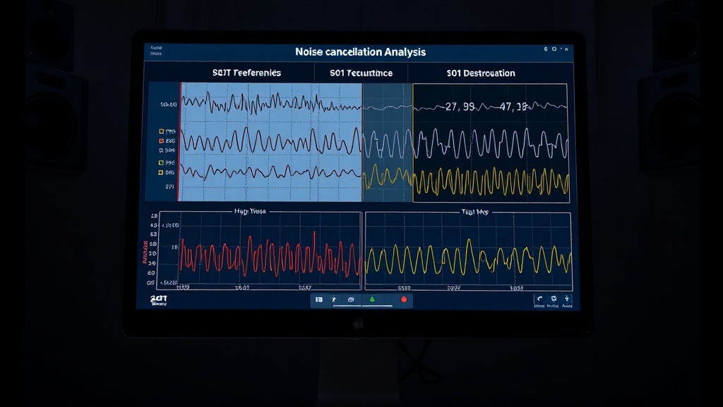 다양한 주파수 대역의 소음 파형을 분석하여 노이즈캔슬링의 상쇄 간섭 효과를 보여주는 컴퓨터 모니터 화면