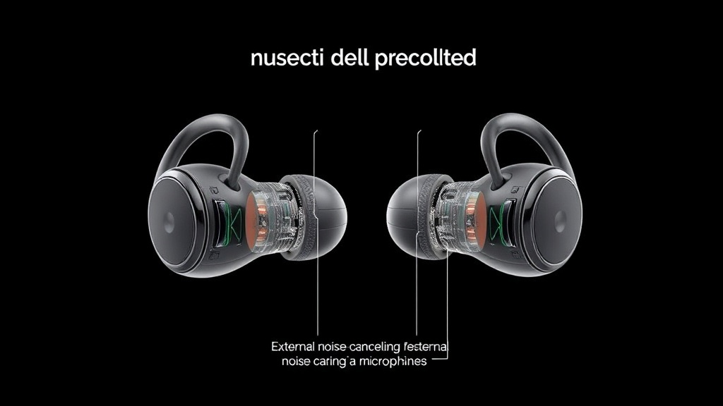 노이즈캔슬링 무선 이어폰의 내부 구조와 외부 소음을 수집하는 마이크의 위치를 보여주는 기술 다이어그램